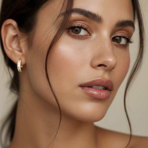 Close-up of a woman wearing small sparkle gold hoops