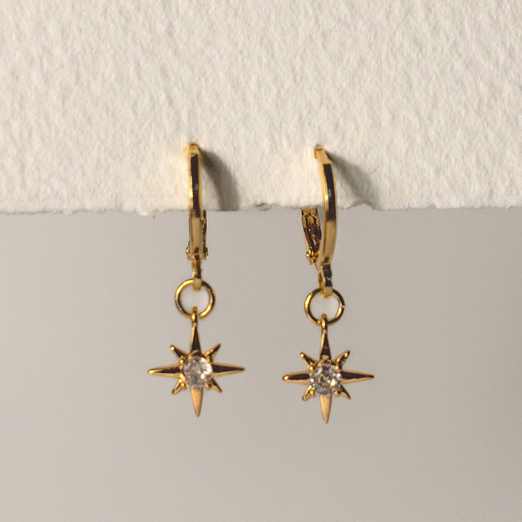 Gold star-shaped earrings with clear stones on a light gray background